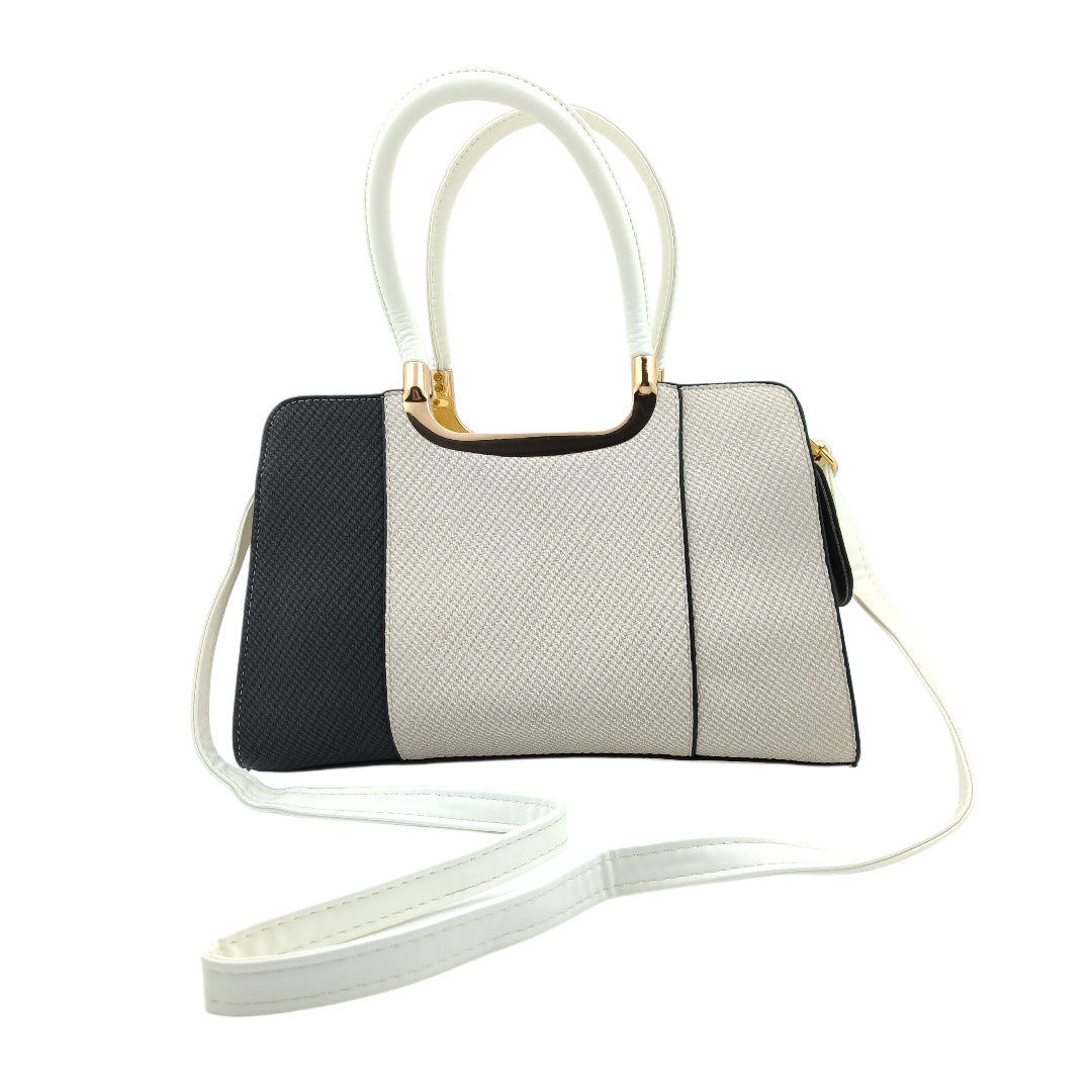 Women’s Two-Toned Handbag – Off-White & Black with Gold Detailing and Sling Strap