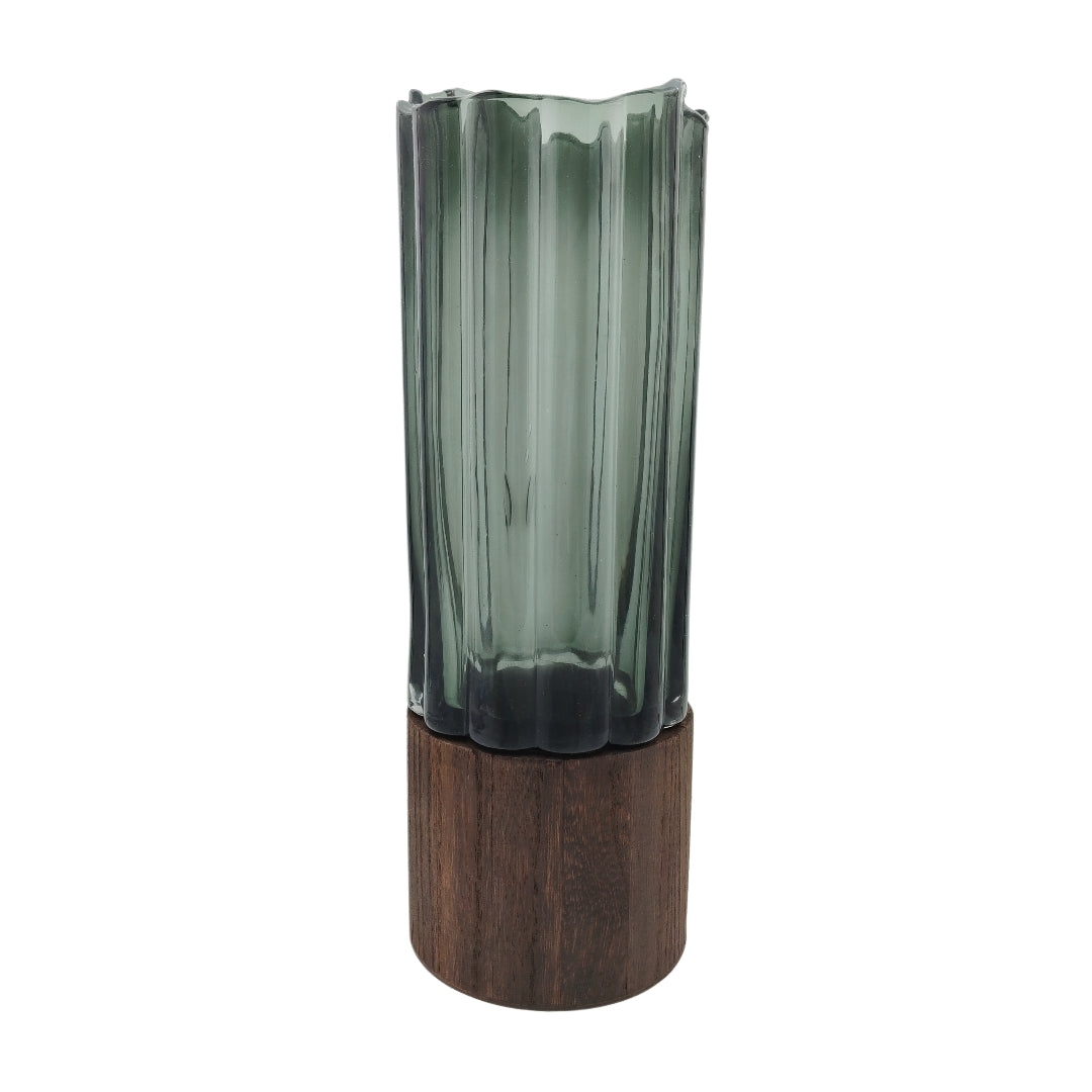 Ribbed Smoky Glass Vase with Wooden Base – Large