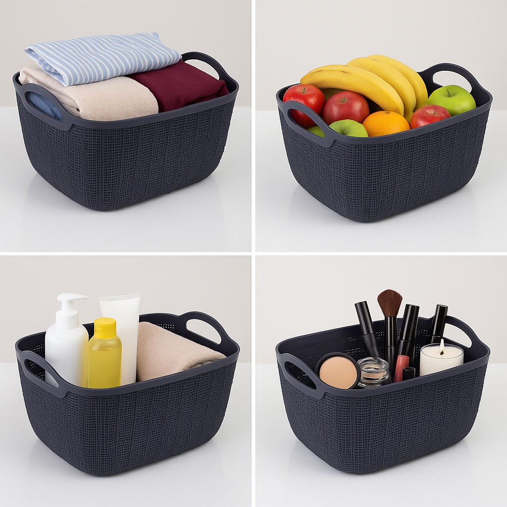 Premium Multi-Purpose Rectangular Textured Storage Basket Set with Handles Navy blue