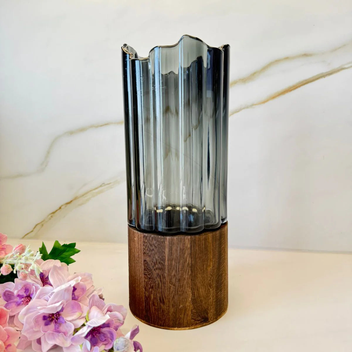 Ribbed Smoky Glass Vase with Wooden Base – Small