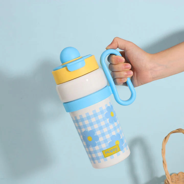 Bella N Bloom Kids Insulated Water Bottle with Straw Lid, Cute Floral Check Design, Leakproof, Stainless Steel Inner, Handle(900ml)