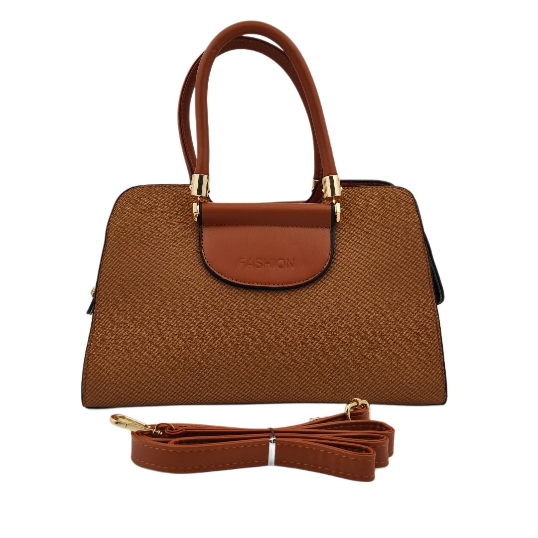 Women’s Tan Brown Textured Handbag – Polyurethane Finish with Gold Accents & Adjustable Sling Strap