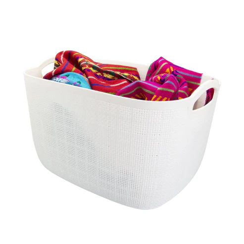 Premium Multi-Purpose Rectangular Textured Storage Basket Set with Handles (White Color)
