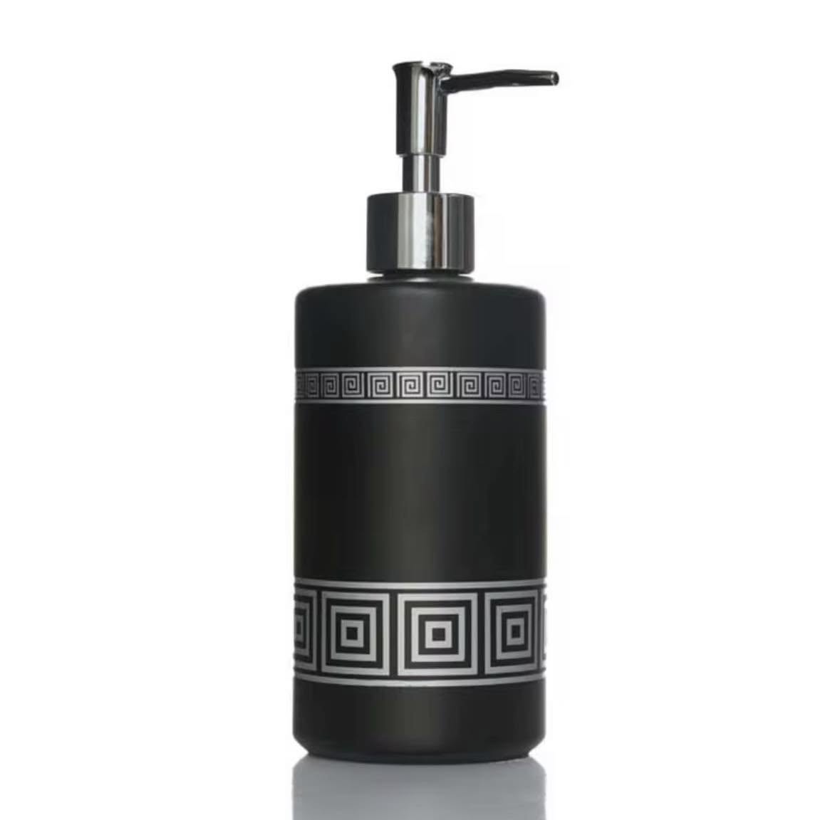Premium Geometric Glass Soap Dispenser – Matte Black with Silver Pattern & Chrome Pump