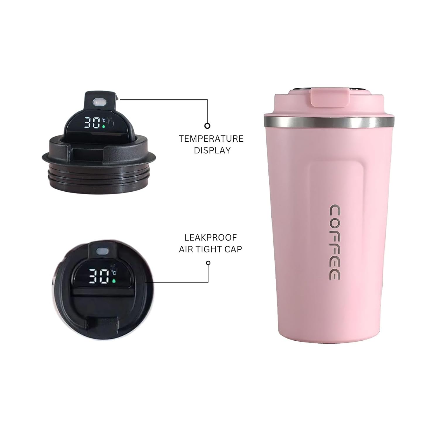 Bella N Bloom Insulated Coffee Cup Tumbler 500ml with Flip Lid, 304 Stainless Steel, Leak-Resistant Travel Mug-Pink
