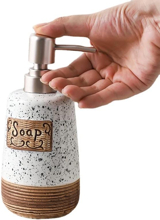 Speckled White Soap Dispenser with Textured Base & Stainless Steel Pump, Bathroom Kitchen Liquid Soap Holder