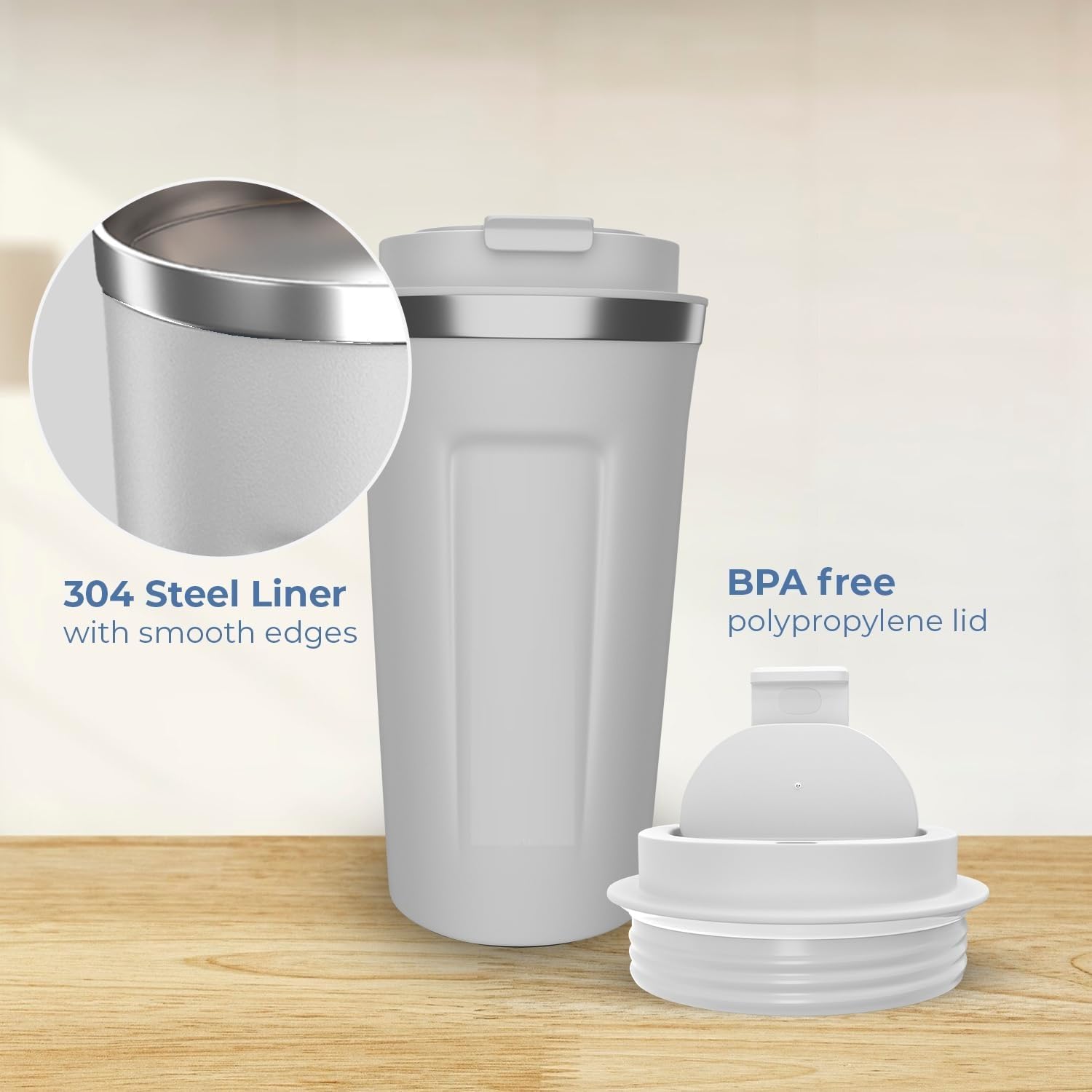 Bella N Bloom Insulated Coffee Cup Tumbler 500ml with Flip Lid, 304 Stainless Steel, Leak-Resistant Travel Mug-White