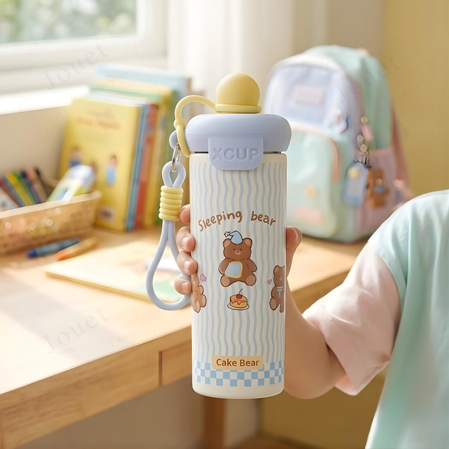 Bella N Bloom Kids Insulated Water Bottle with Straw Lid, Cute Sleeping Bear Cake Design, Leakproof, Silicone Carry Loop, 450–500 ml