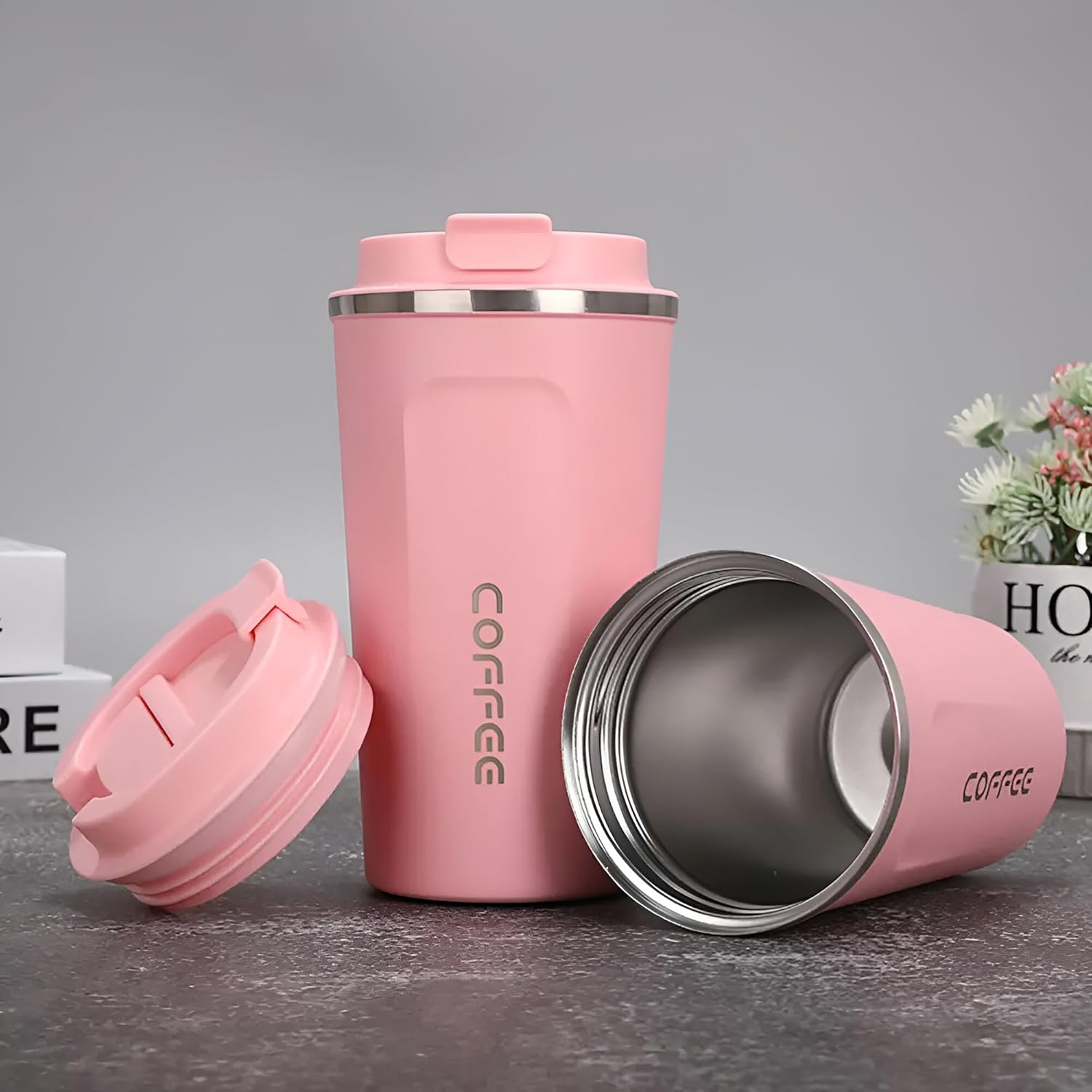 Bella N Bloom Insulated Coffee Cup Tumbler 500ml with Flip Lid, 304 Stainless Steel, Leak-Resistant Travel Mug-Pink