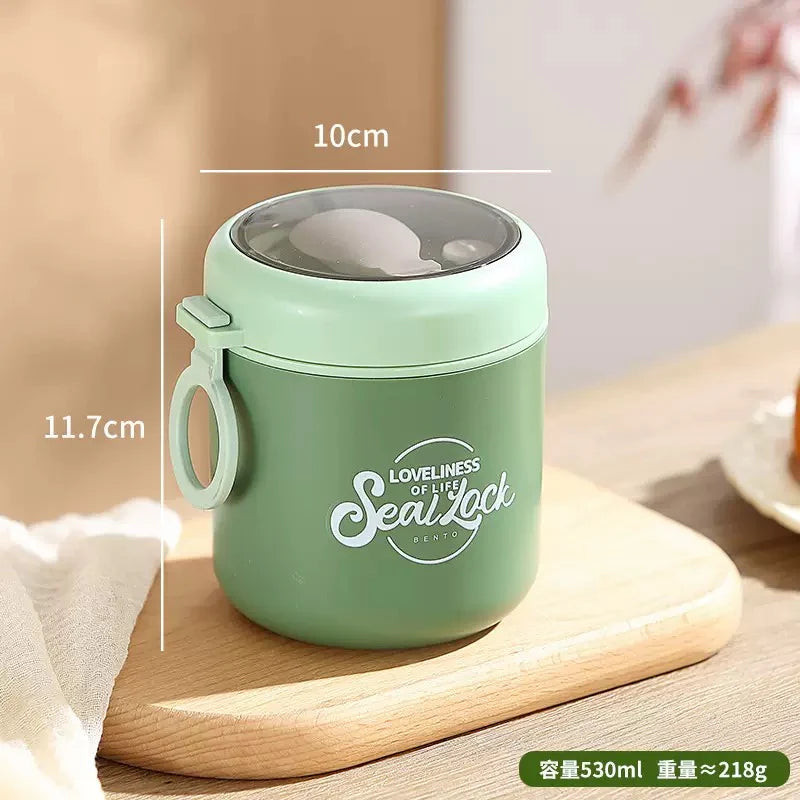 Bella N Bloom Stainless Steel Insulated Lunch Box with Spoon, Leakproof Twist Lid Food Jar, Green, Compact Meal Container for Office, School & Travel