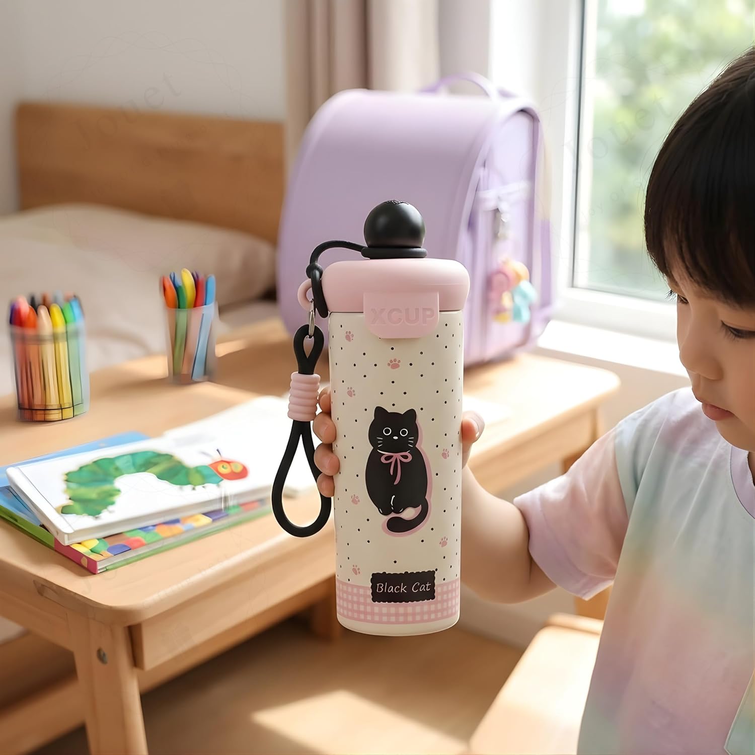XCUP Insulated Straw Bottle with Cute Black Cat Design, Leak-Resistant Lid & Carry Loop – Stainless Steel Kids Water Bottle (450–500 ml)