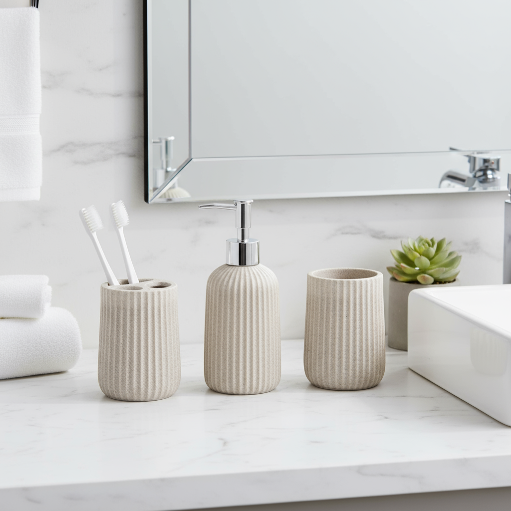 Luxury Beige Bathroom Organizer Set – 3-Piece Dispenser and Cup Collection