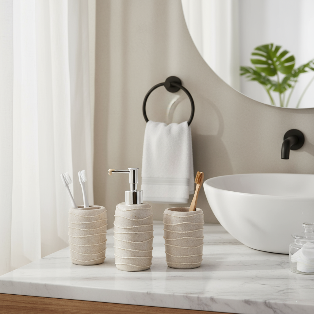 Modern Spiral Design Bathroom Accessory Set – 3-Piece Soap Dispenser, Tumbler & Toothbrush Holder