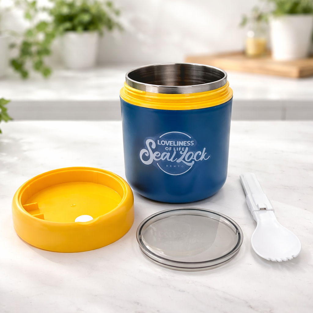 Bella N Bloom Stainless Steel Insulated Lunch Box with Spoon, Leakproof Twist Lid Food Jar, Blue & Yellow, Compact Meal Container for Office, School & Travel