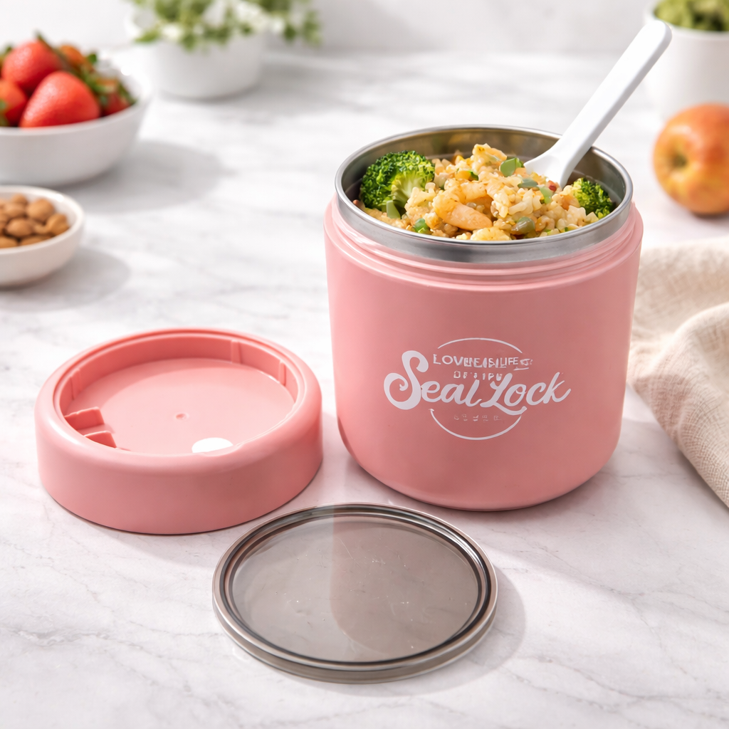 Bella N Bloom Stainless Steel Insulated Lunch Box with Spoon, Leakproof Twist Lid Food Jar, Pink, Compact Meal Container for Office, School & Travel
