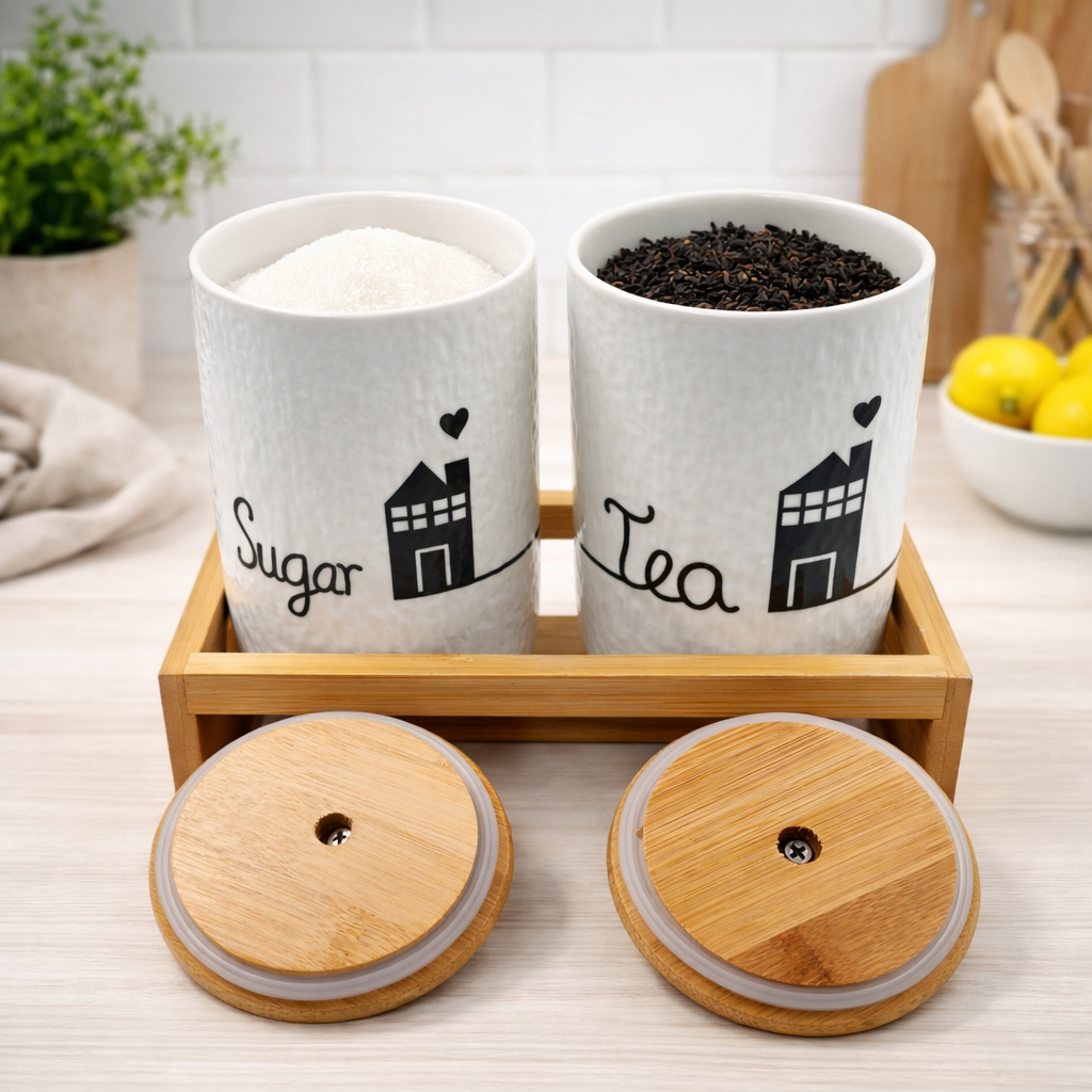 Bella N Bloom Ceramic Tea & Sugar Jar Set with Bamboo Tray, 2 Storage Containers with Wooden Lids, Kitchen Counter Organizer for Tea Coffee Sugar, Modern White Canister Set