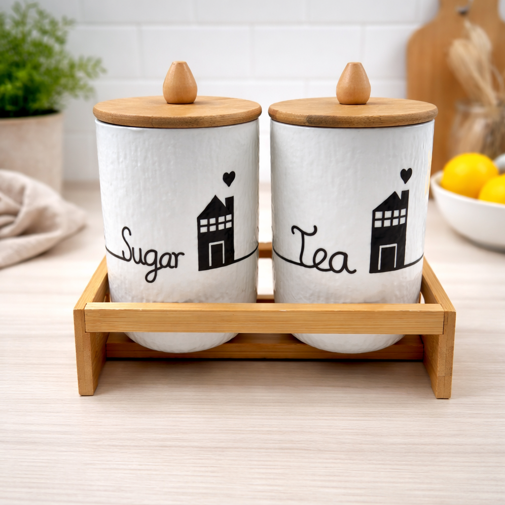 Bella N Bloom Ceramic Tea & Sugar Jar Set with Bamboo Tray, 2 Storage Containers with Wooden Lids, Kitchen Counter Organizer for Tea Coffee Sugar, Modern White Canister Set