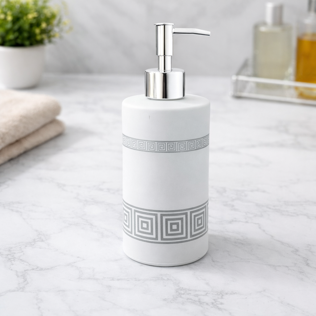 Premium Geometric Glass Soap Dispenser – Matte Black with Silver Pattern & Chrome Pump-White