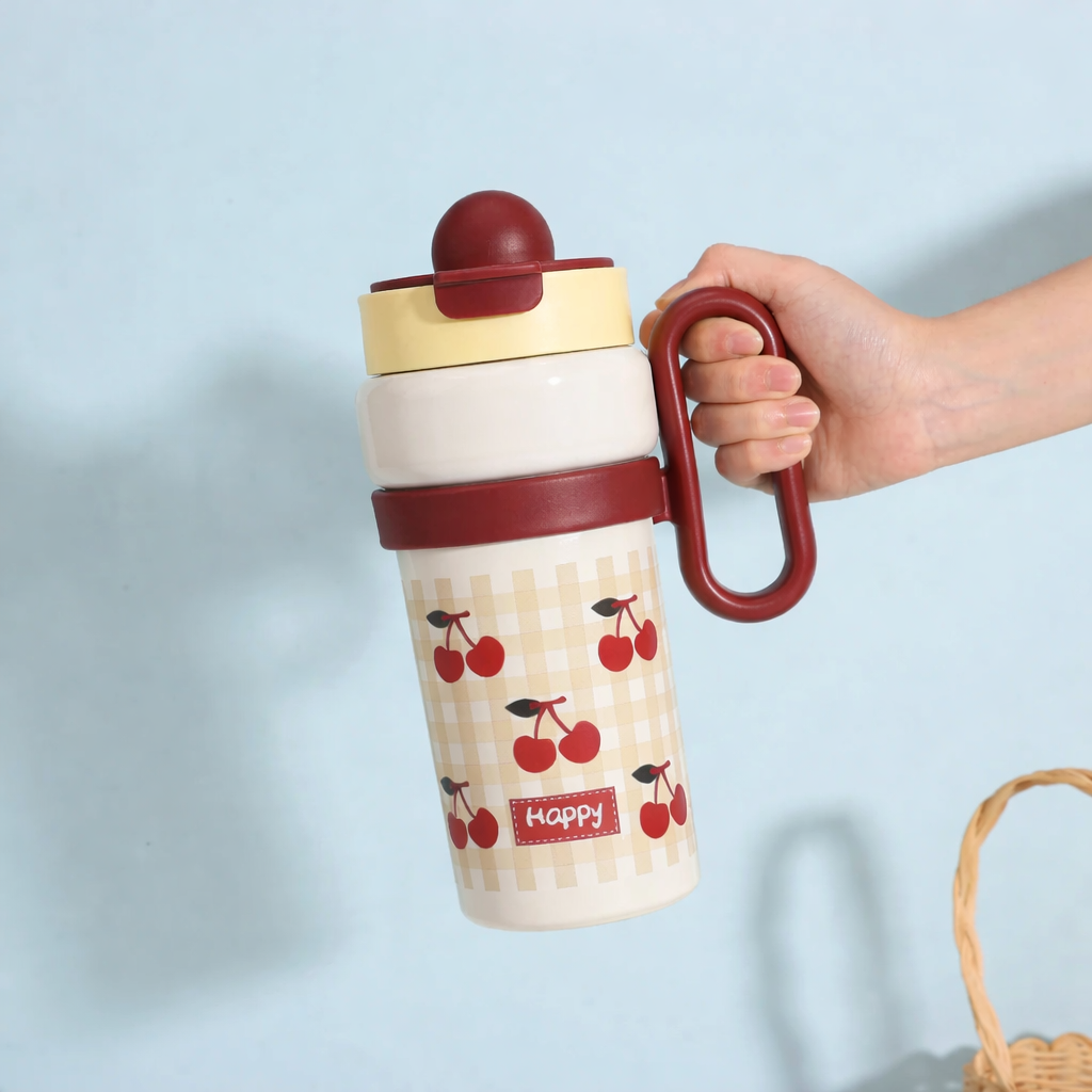 Bella N Bloom Insulated Straw Bottle with Handle, Leakproof Flip Lid, Stainless Steel Inner, Cherry Print, 900ml
