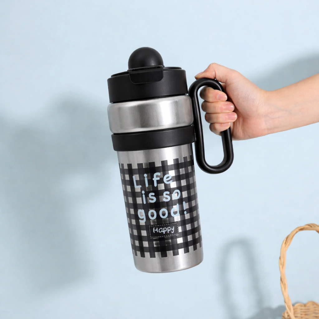 Bella N Bloom Insulated Straw Bottle with Handle, Leakproof Flip Lid, Stainless Steel Inner, 900ml