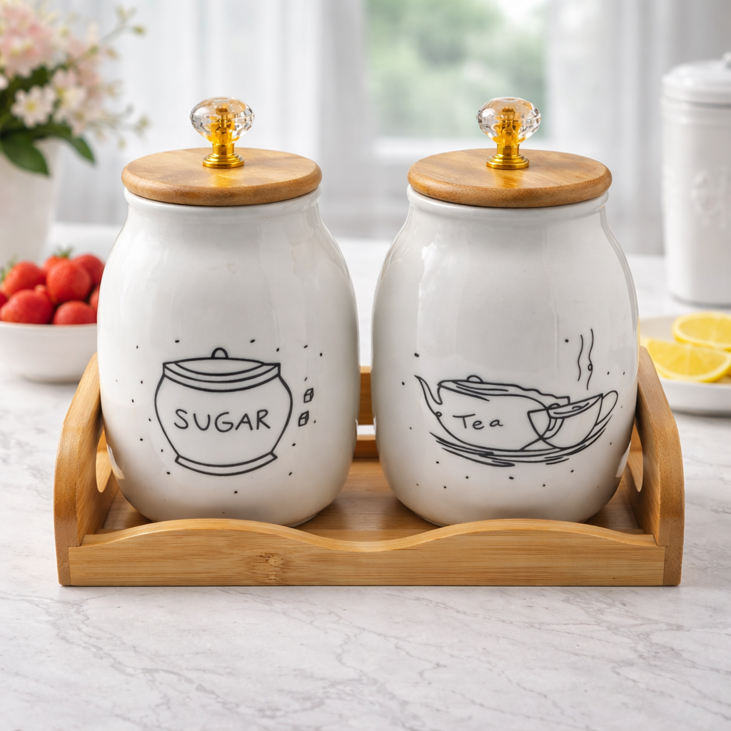 Premium Ceramic Sugar & Tea Airtight Jar Set with Wooden Tray – 2 Pcs Kitchen Storage Containers with Lids