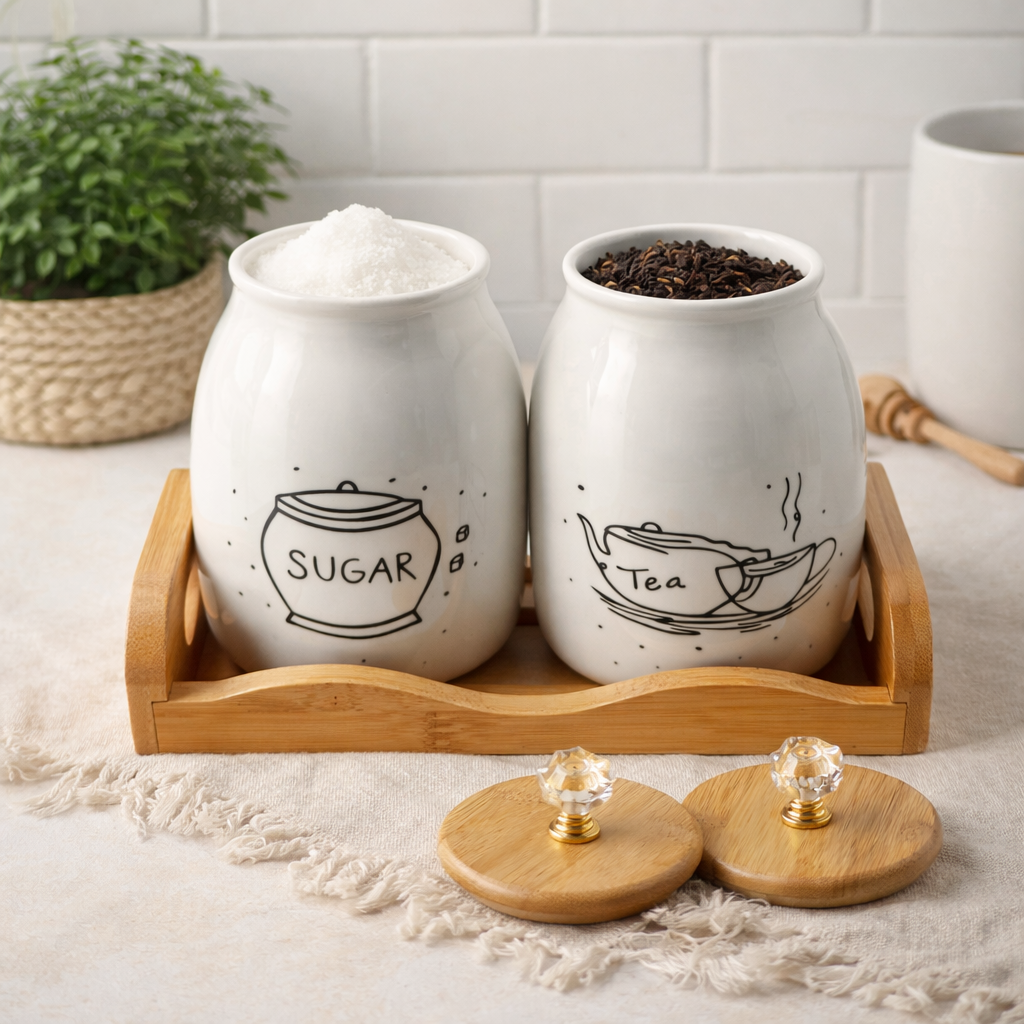 Premium Ceramic Sugar & Tea Airtight Jar Set with Wooden Tray – 2 Pcs Kitchen Storage Containers with Lids