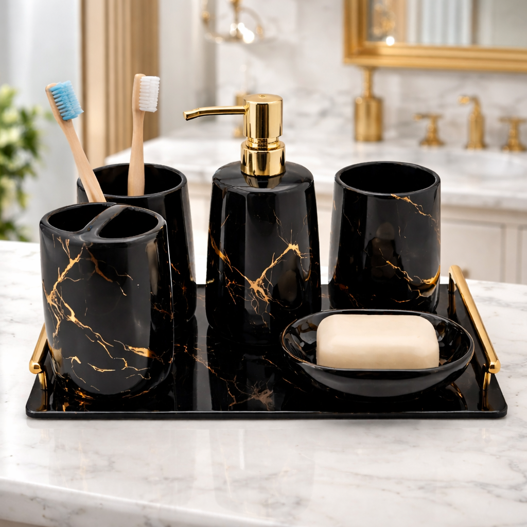 Luxury Black Marble Bathroom Accessory Set with Tray – Soap Dispenser, Toothbrush Holder, 2 Tumblers, Soap Dish & Organizer (6 Pieces)