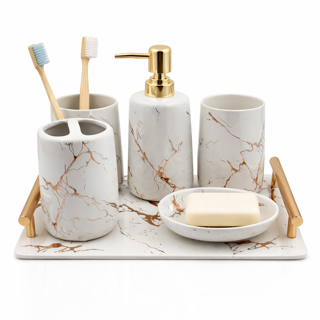 Luxury White Marble Bathroom Accessory Set with Tray – Soap Dispenser, Toothbrush Holder, 2 Tumblers, Soap Dish & Organizer (6 Pieces)