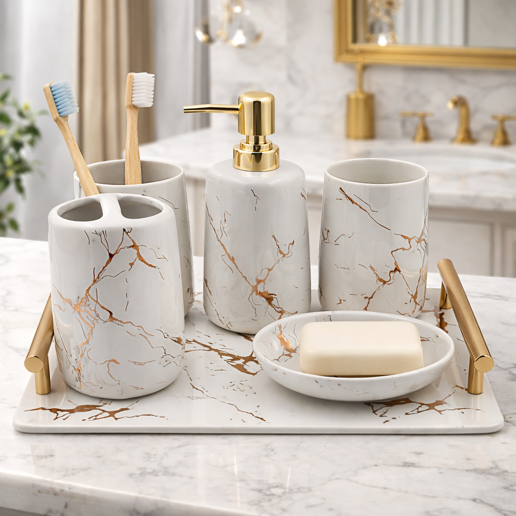 Luxury White Marble Bathroom Accessory Set with Tray – Soap Dispenser, Toothbrush Holder, 2 Tumblers, Soap Dish & Organizer (6 Pieces)
