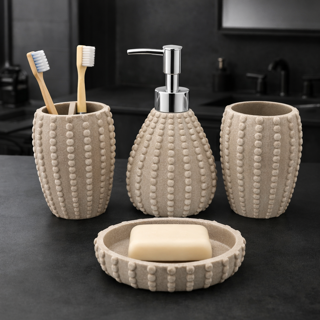Premium Textured Beige Bathroom Accessories Set (4-Piece) with Soap Dispenser, Holder, Tumbler & Soap Tray