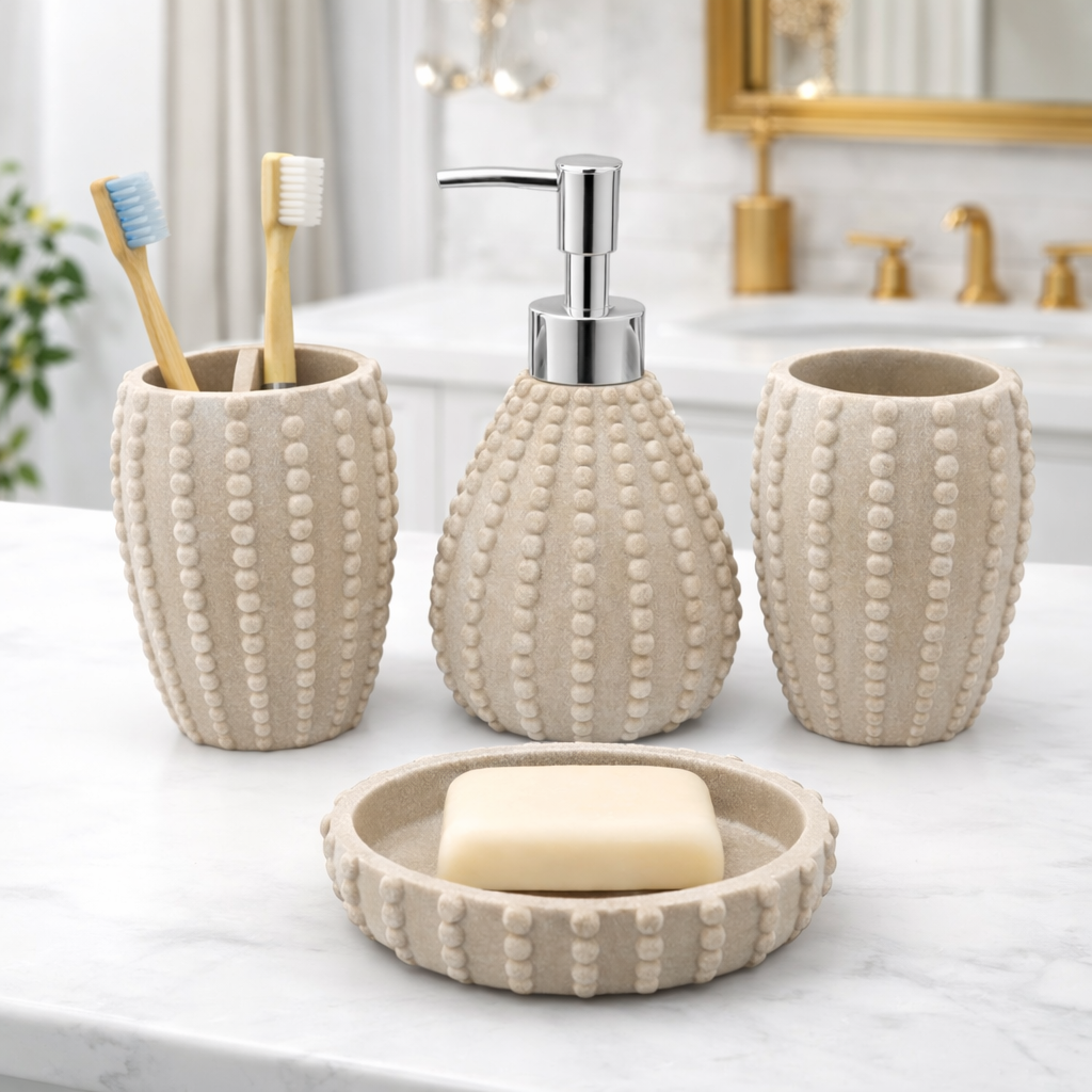 Premium Textured Beige Bathroom Accessories Set (4-Piece) with Soap Dispenser, Holder, Tumbler & Soap Tray