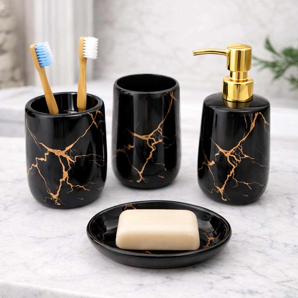 Luxury Black Marble Bathroom Accessory Set with Gold Pump – 4 Piece Soap Dispenser, Toothbrush Holder, Tumbler & Soap Dish