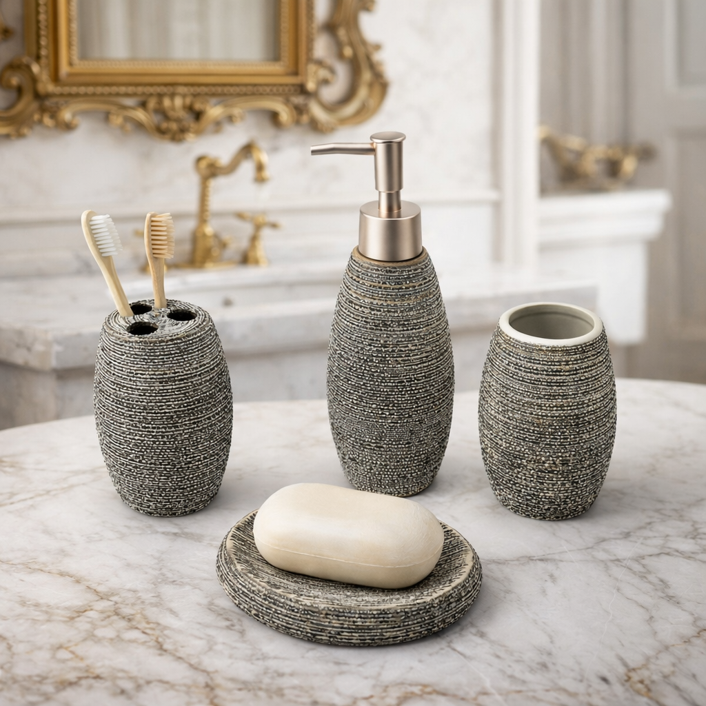 Elegant Charcoal Stone-Look Bathroom Accessory Set (4-Piece) with Soap Dispenser, Toothbrush Holder, Tumbler & Soap Holder – Modern Textured Resin Décor