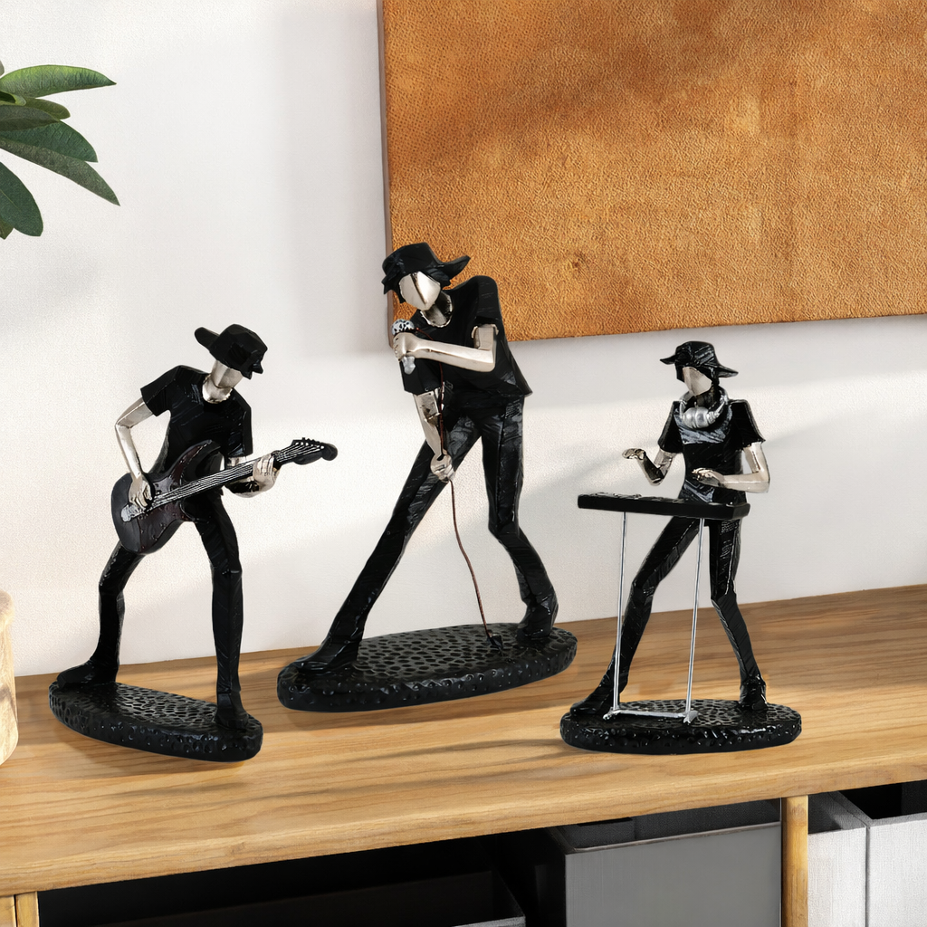 Modern Music Band Figurine Set of 3 – Metallic Guitarist, Singer & Keyboard Player Decorative Showpieces for Living Room, Office & Studio Décor