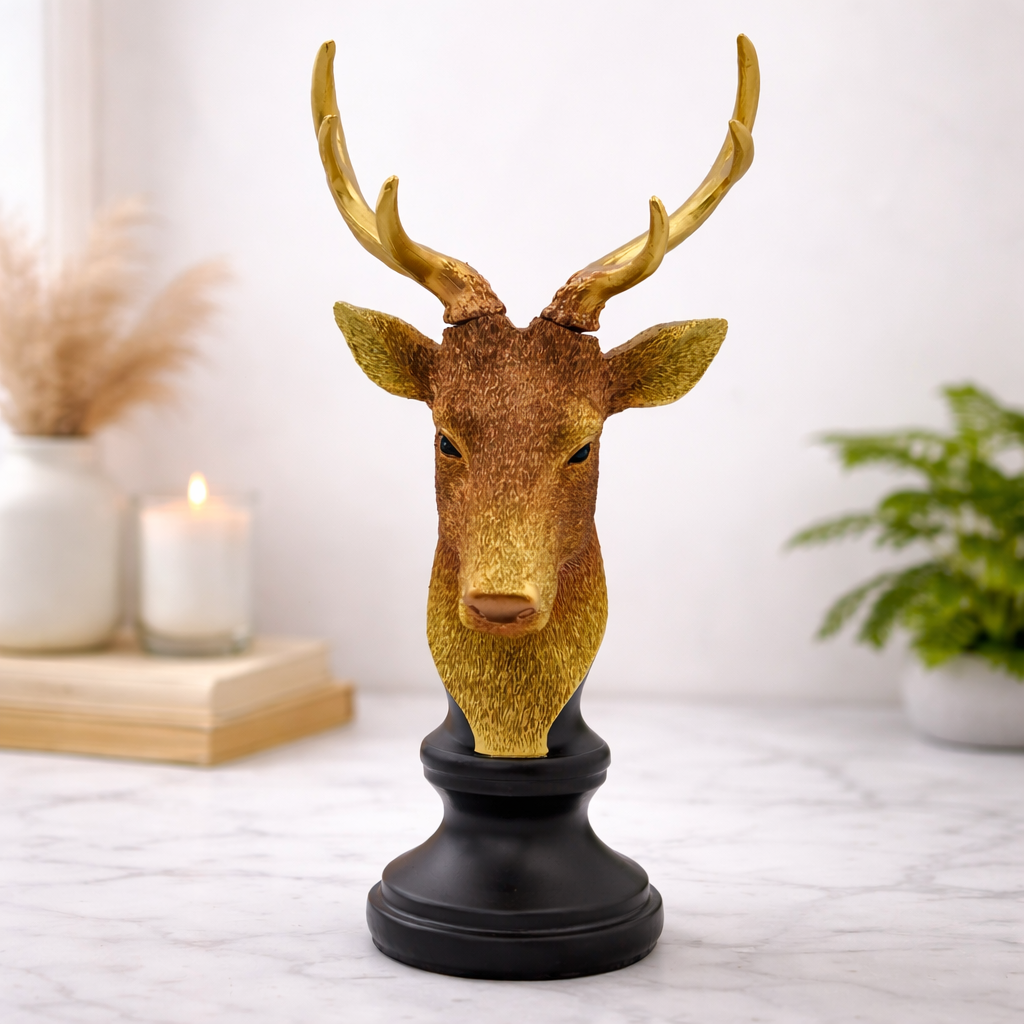 Bella N Bloom Majestic Deer Head Decorative Showpiece with Black Base and Gold Finish – 31 cm