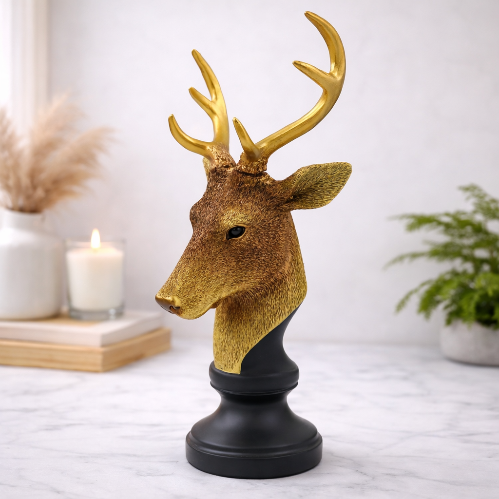 Bella N Bloom Majestic Deer Head Decorative Showpiece with Black Base and Gold Finish – 31 cm