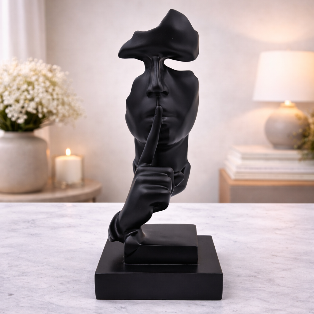 Abstract Silence Face Showpiece – Matte Black Polyresin Decorative Sculpture