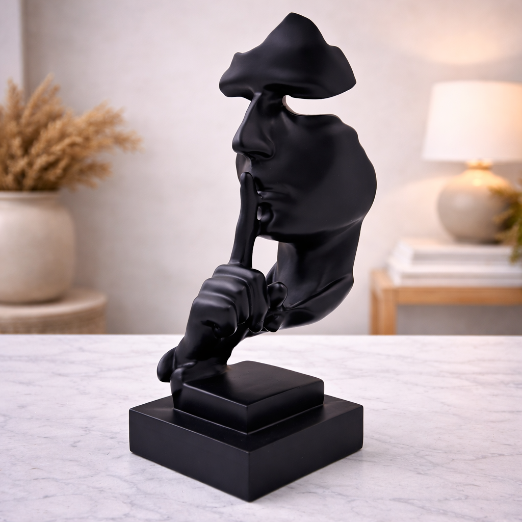 Abstract Silence Face Showpiece – Matte Black Polyresin Decorative Sculpture