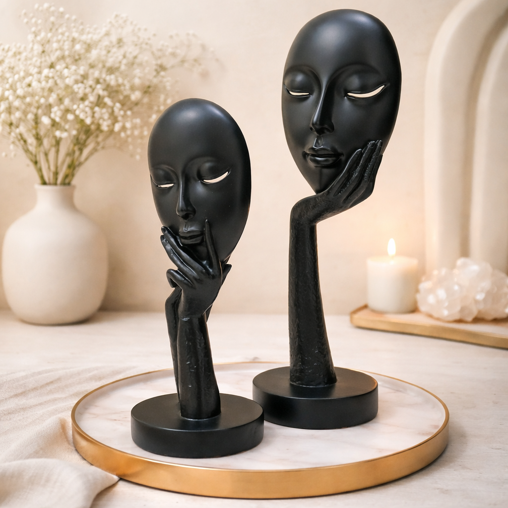 Abstract Face Showpiece Set of 2 – Matte Black Polyresin Decorative Figurines