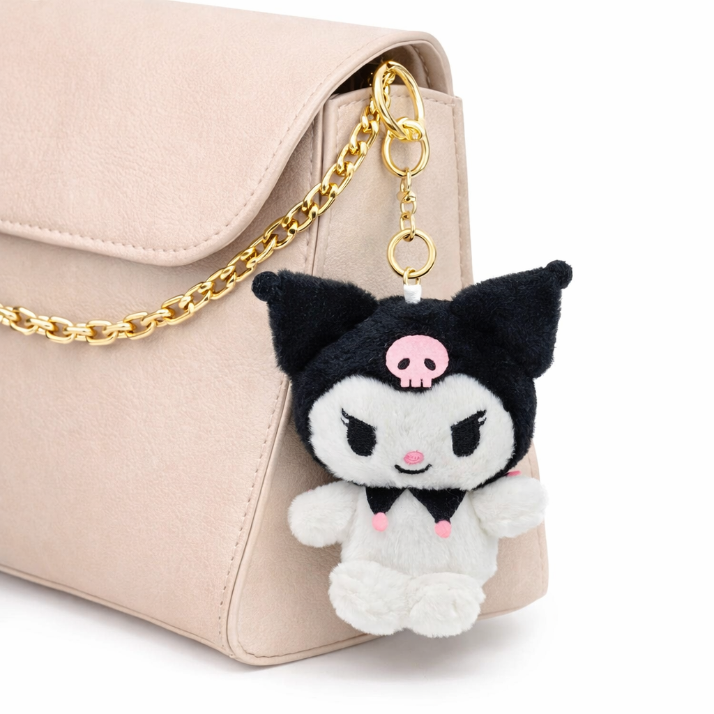 Bella N Bloom Cute Kuromi Style Plush Keychain with Black Hood & Gold Clip