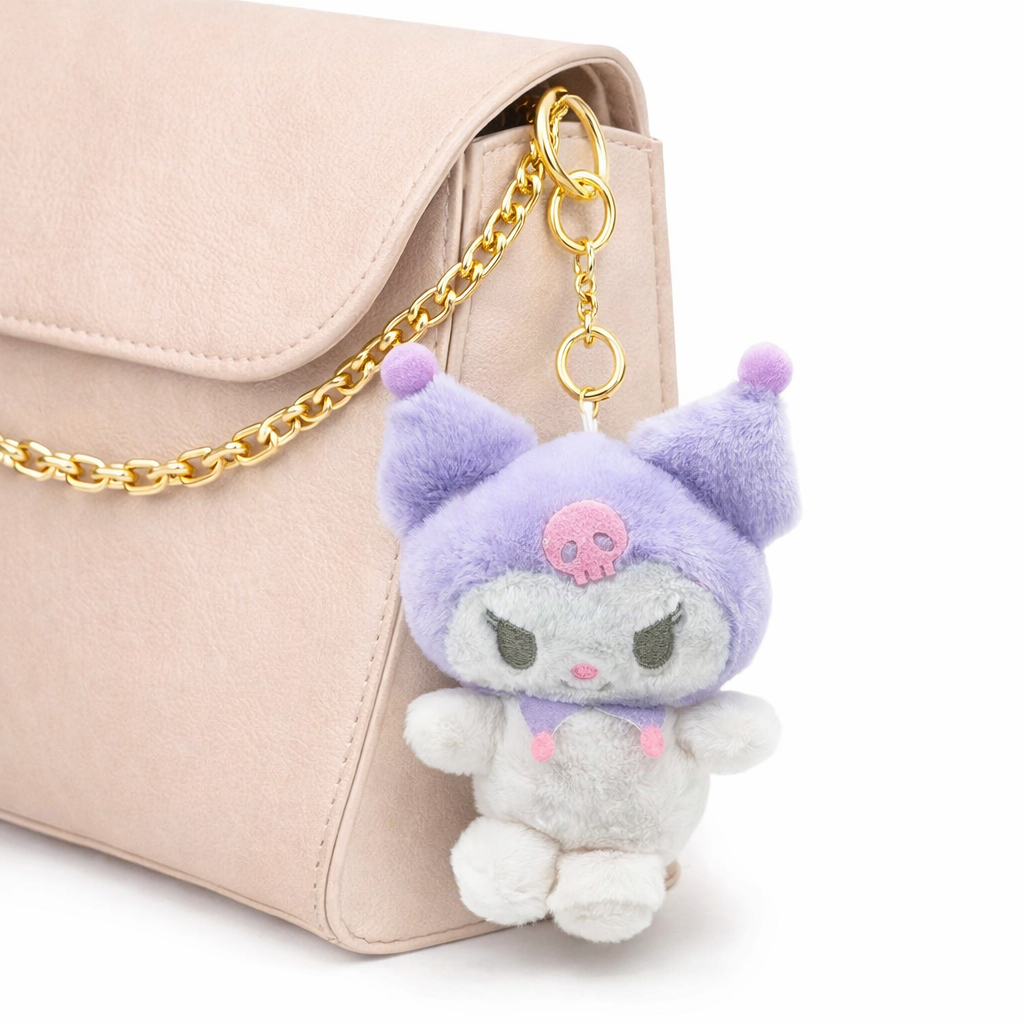 Bella N Bloom Cute Kuromi Style Plush Keychain with Purple Hood & Gold Clip