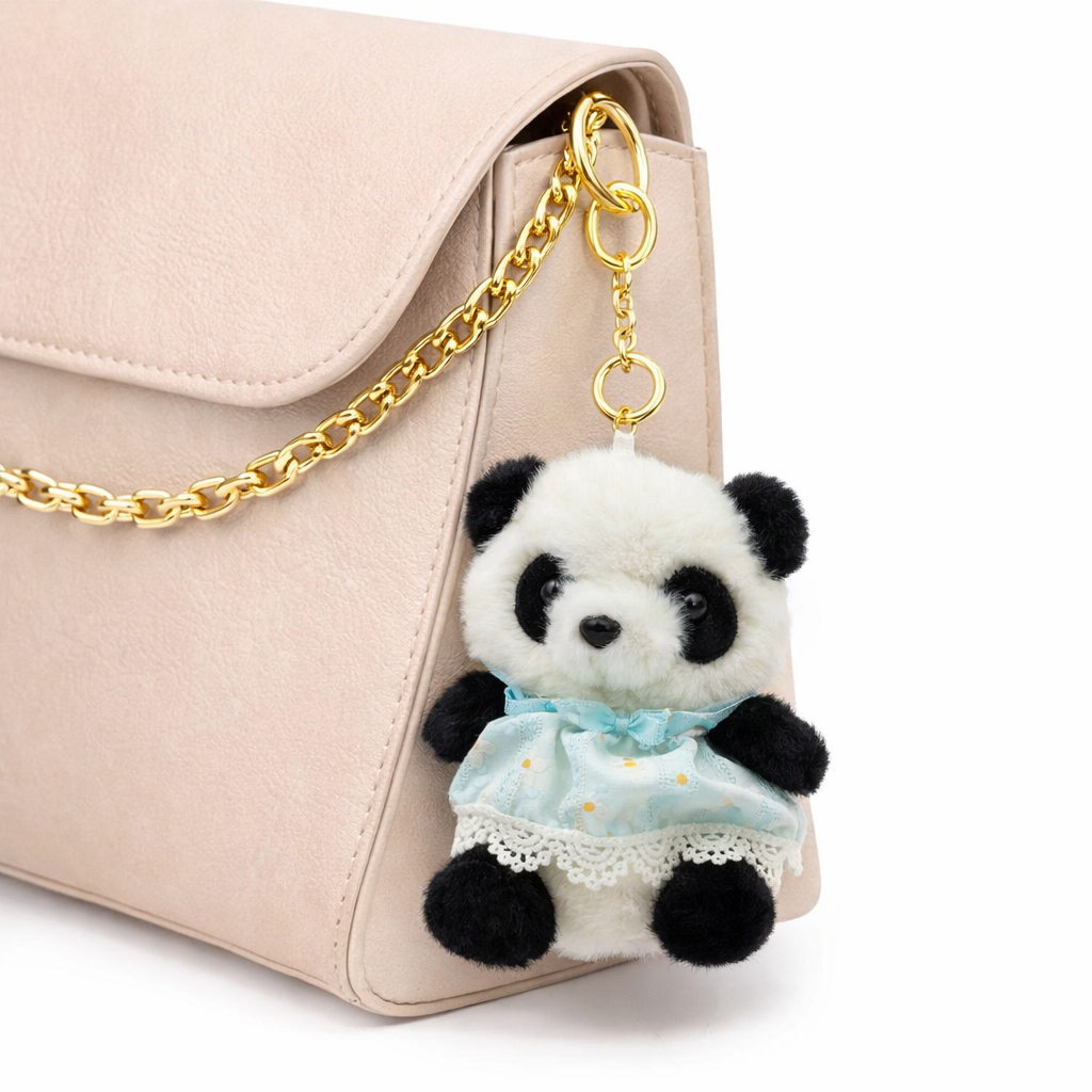 Bella N Bloom Cute Panda Plush Keychain with Dress & Gold Clip
