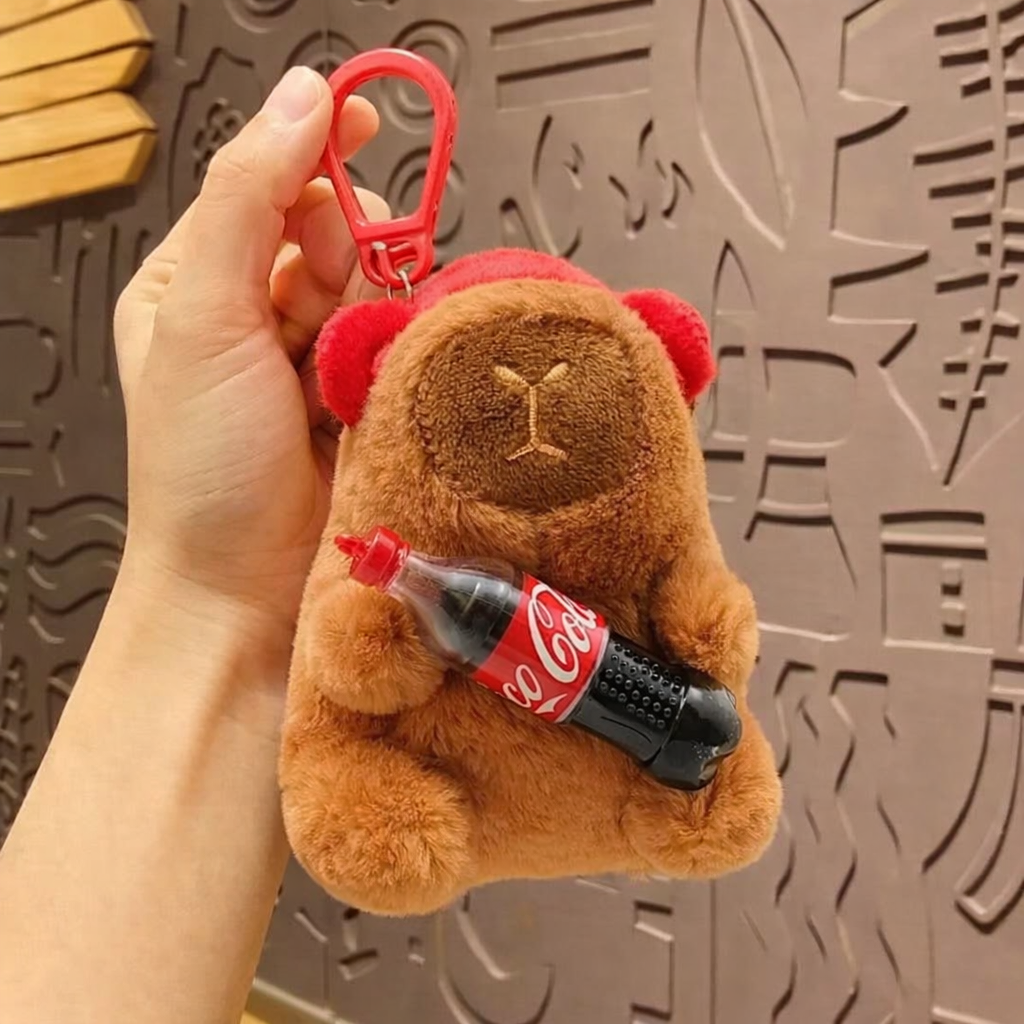 Capybara Plush Keychain with Cola Bottle & Red Clip – Kawaii Bag/Car Hanging Charm