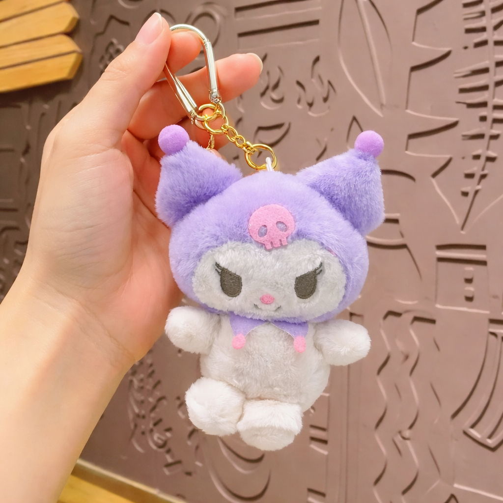 Bella N Bloom Cute Kuromi Style Plush Keychain with Purple Hood & Gold Clip