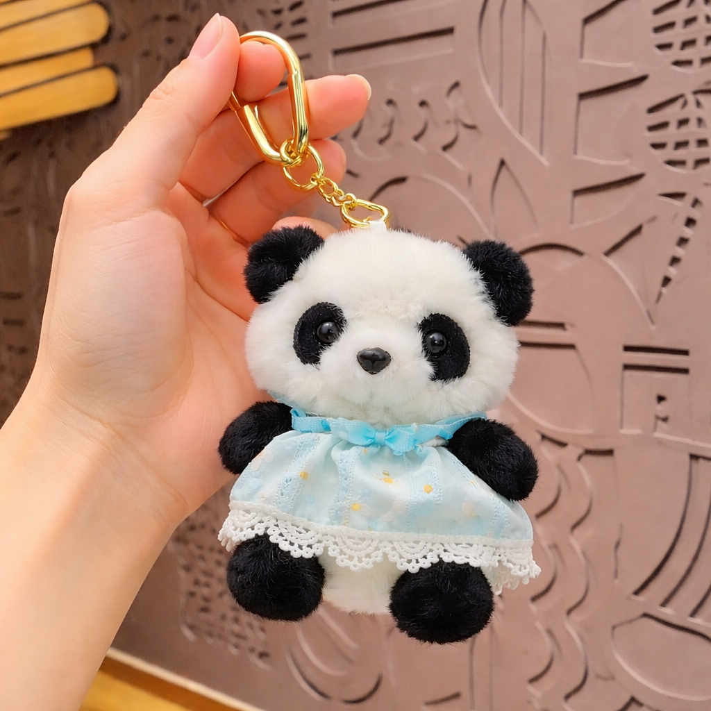 Bella N Bloom Cute Panda Plush Keychain with Dress & Gold Clip
