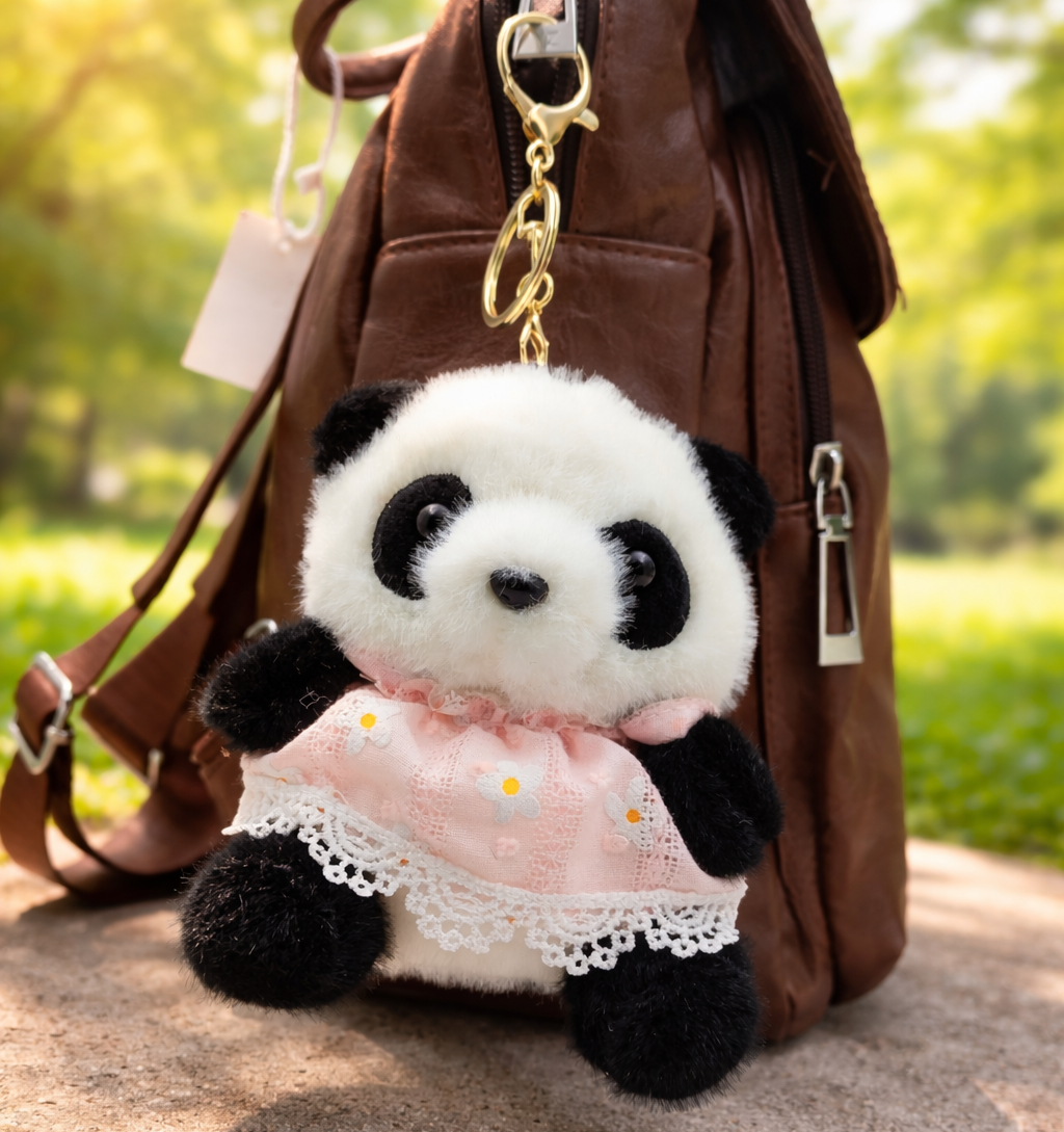 Bella N Bloom Cute Panda Plush Keychain with Dress & Gold Clip