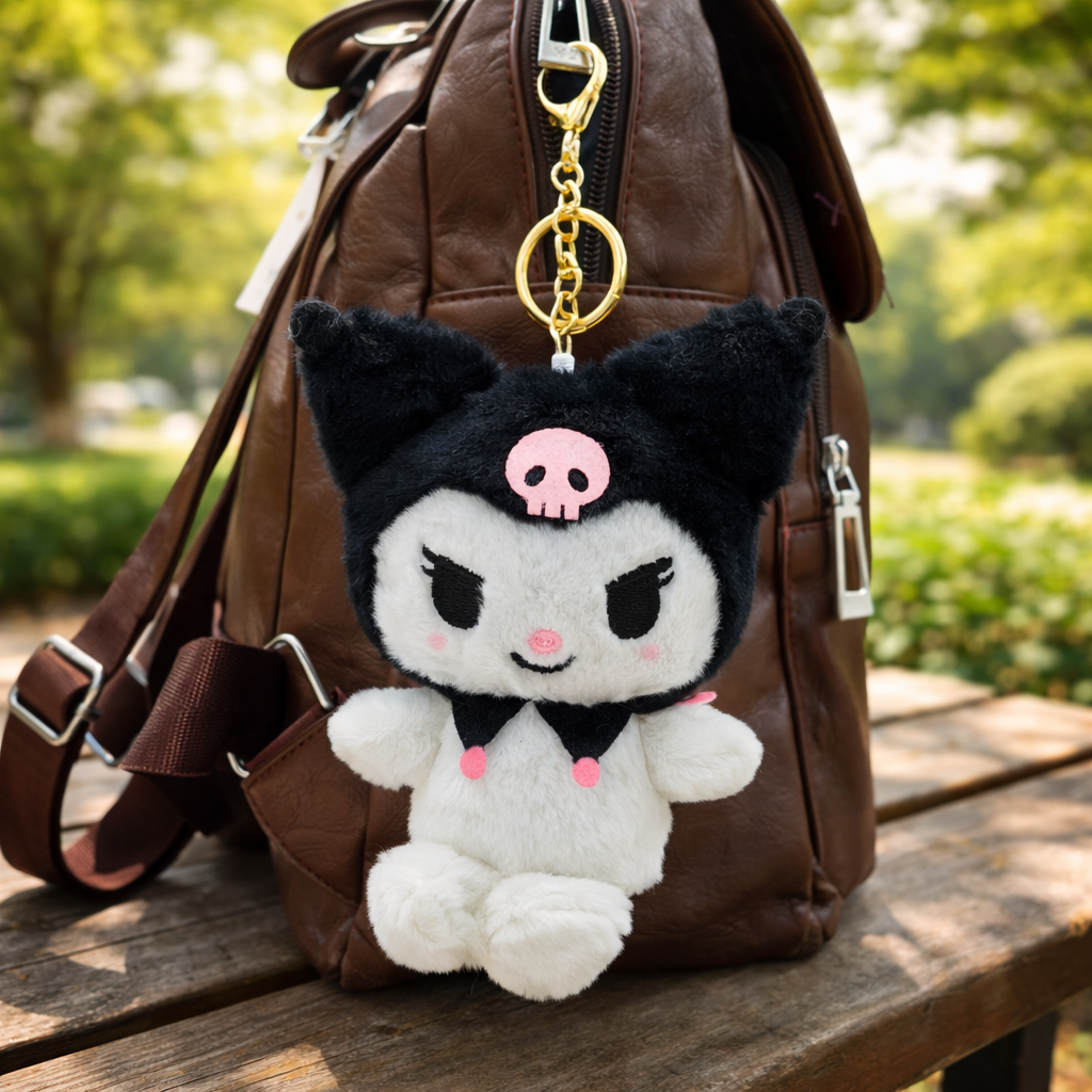 Bella N Bloom Cute Kuromi Style Plush Keychain with Black Hood & Gold Clip
