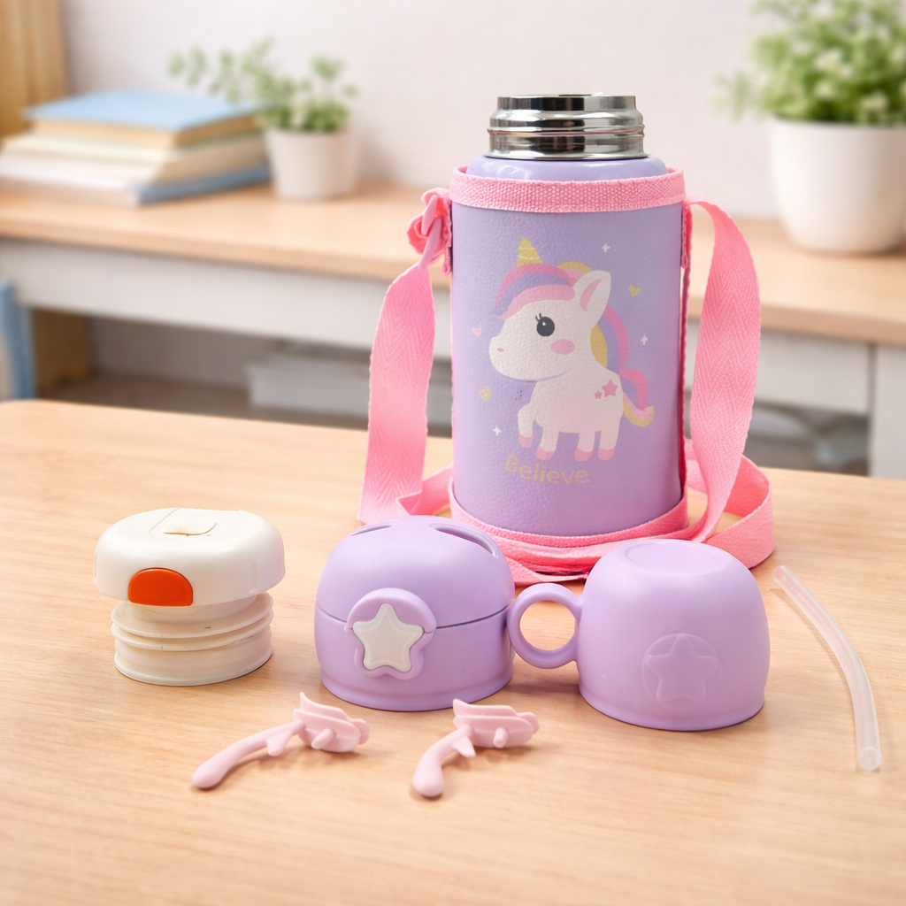 Kids Insulated(SS 304) Water Bottle with Straw Lid, Cute Bear Design, Leakproof, Strap & Carry Sleeve