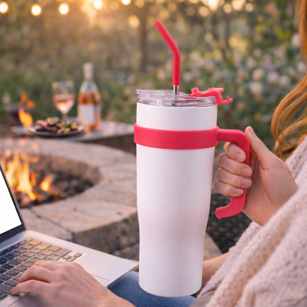 Bella N Bloom 1200ml Stainless Steel Insulated Tumbler with Handle & Straw Lid (White & Red)