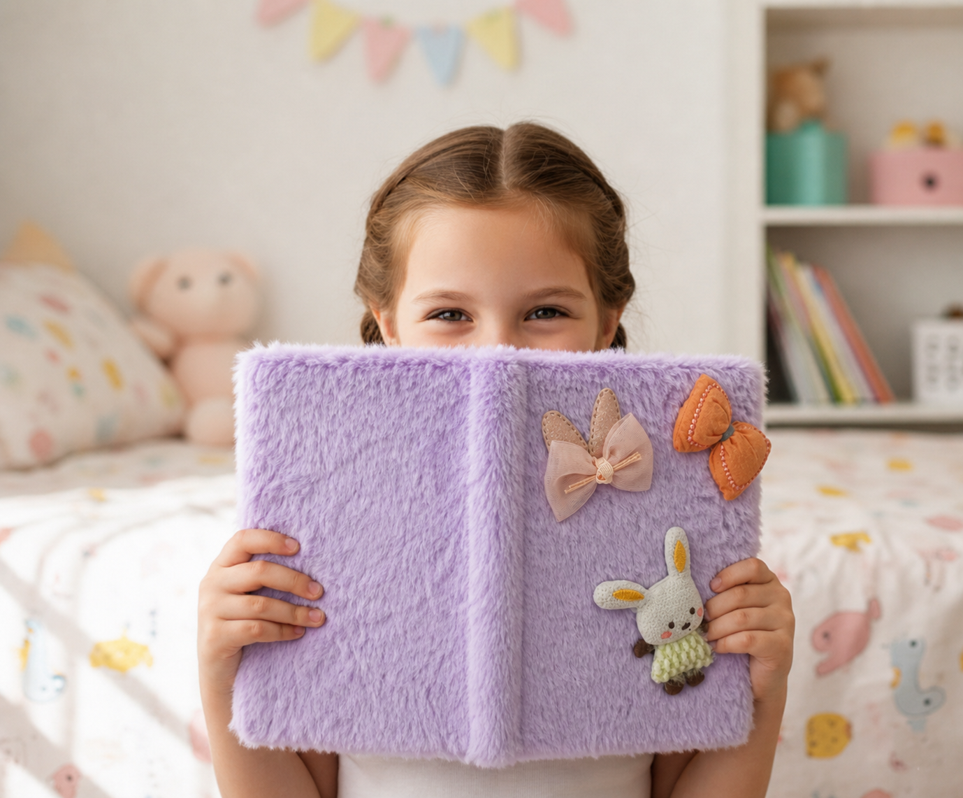 Cute Plush Bunny Bow Furry Diary for Kids – Purple (85 Pages)
